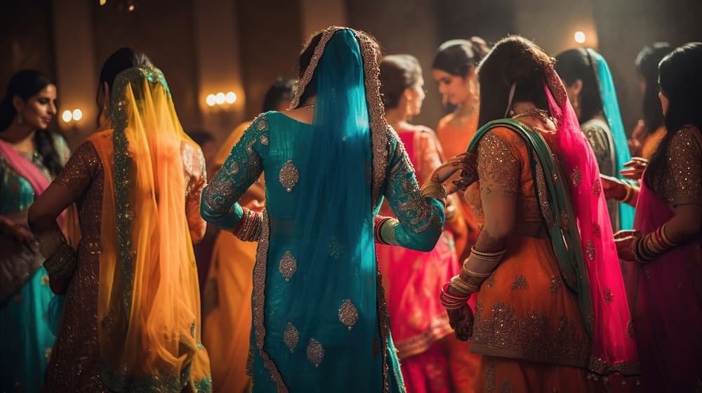 Three women in ornate traditional attire with silver embroidery